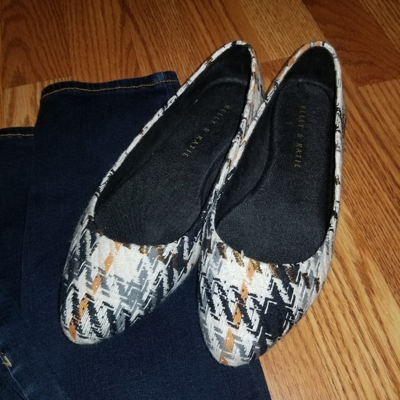 Kelly & Katie Shoes - Kelly & Katie Tweed Flats Cream Black and Orange
